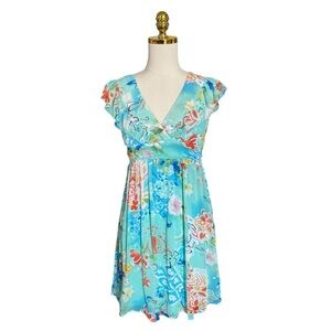 NAPOLI V-Neck Short Sleeve Floral Print A-Line Babydoll Sheer Dress Women’s Sz S